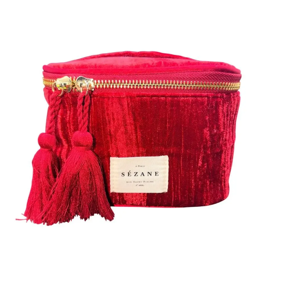 Sézane Red Velvet Vanity Case Tassel Zip Cosmetic Makeup Travel Bag